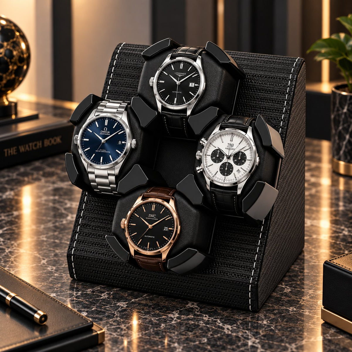 Vu de trois quarts, quatre montres dans leurs berceaux sur la console carbone